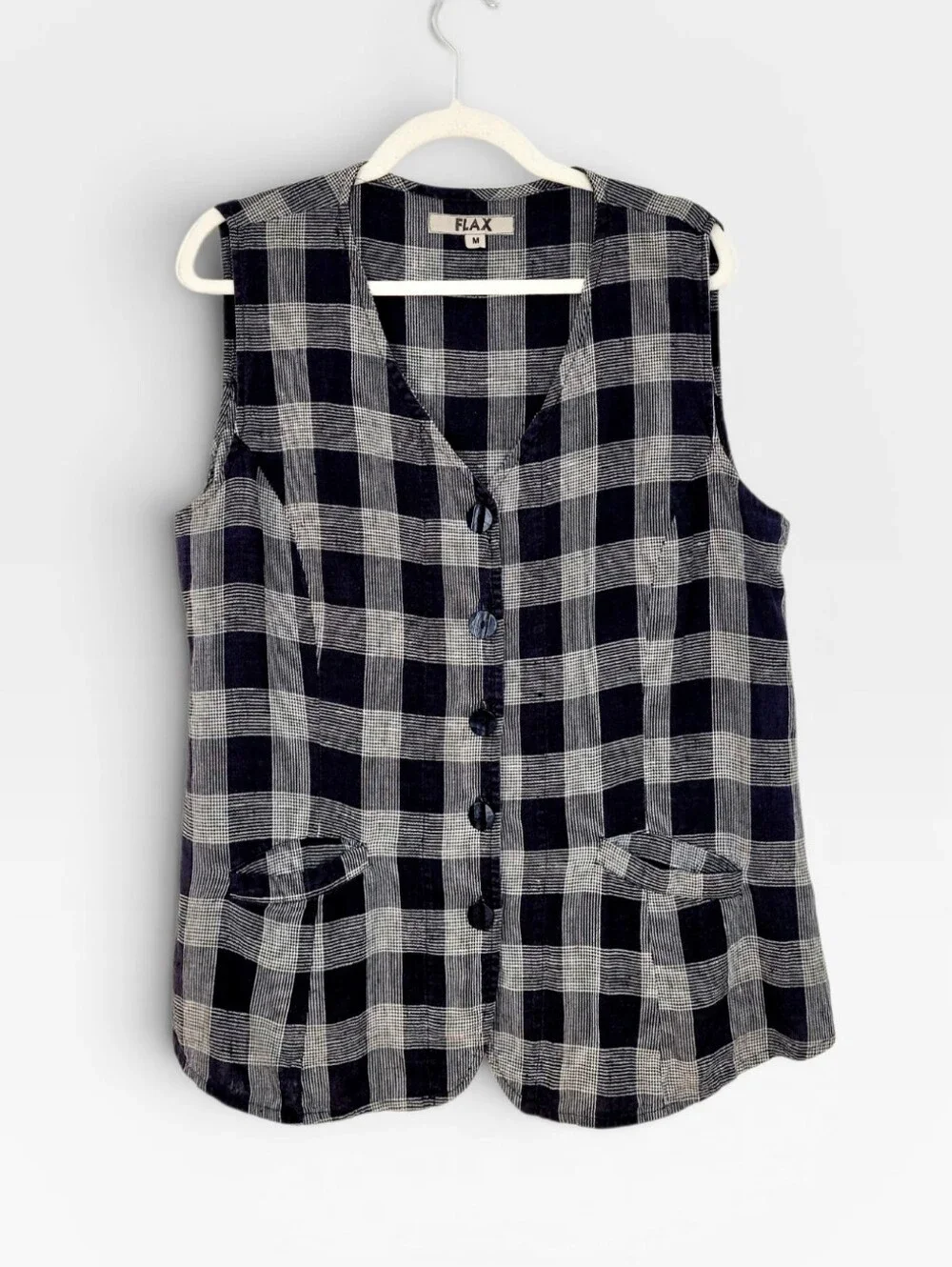 FLAX Oversized Linen Vest Black Taupe Plaid Medium - Picture 9 of 9